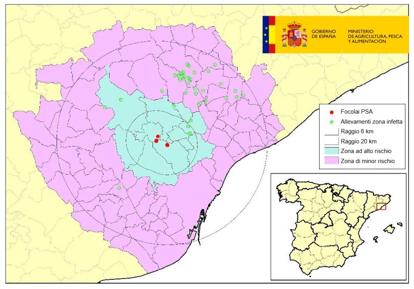 Ubicazione delle aziende&nbsp;soggette a restrizioni all&#39;interno dell&#39;area infetta, con comuni in zone ad alto e basso rischio. (Fonte: MAPA)
