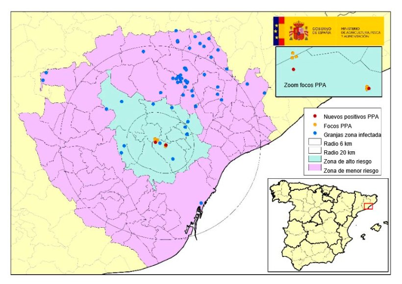 Localizaci&oacute;n de los 7 focos en jabal&iacute;es silvestres y de las explotaciones de porcino localizadas dentro de la zona infectada, con municipios en zona de alto y menor riesgo. (Fuente: MAPA).