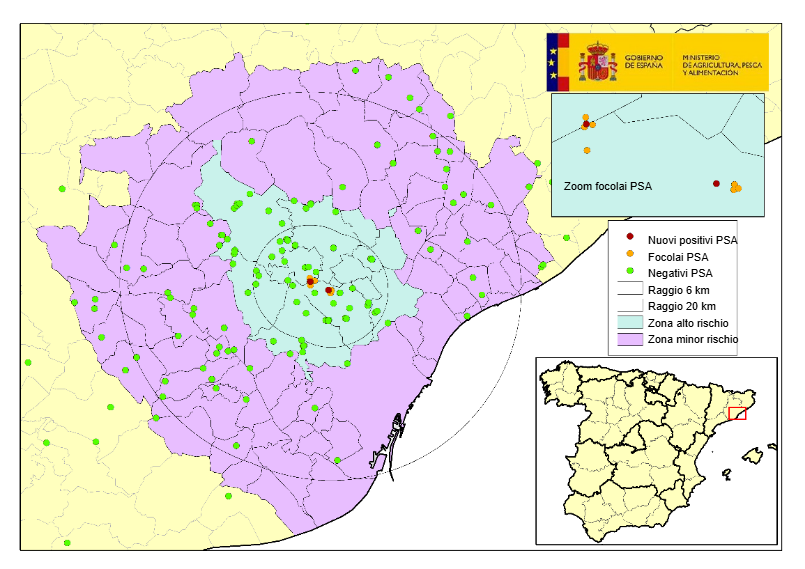 Localizzazione dei 9 focolai nei cinghiali e dei cinghiali morti risultati negativi rilevati in Catalogna (Fonte: MAPA).
