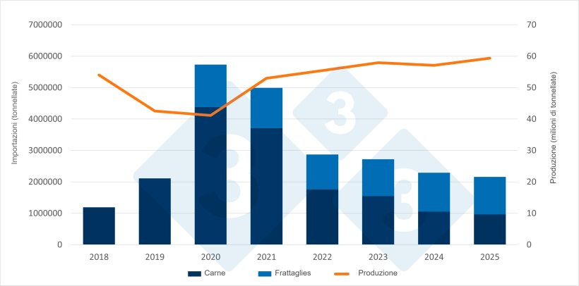 Evoluzione delle importazioni e della produzione di carne suina cinese. Fonte: 333, basata sui dati dell'Ufficio Nazionale di Statistica Cinese e del Ministero dell'Agricoltura.