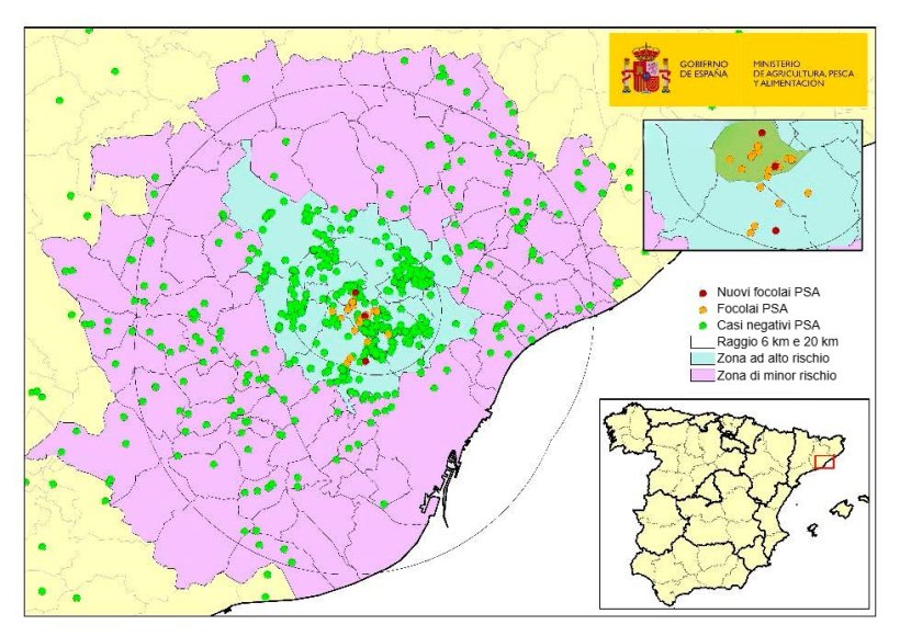 Localizzazione dei 26 focolai nei cinghiali e dei cinghiali catturati o trovati morti negativi rilevati in Catalogna (Fonte: MAPA)
