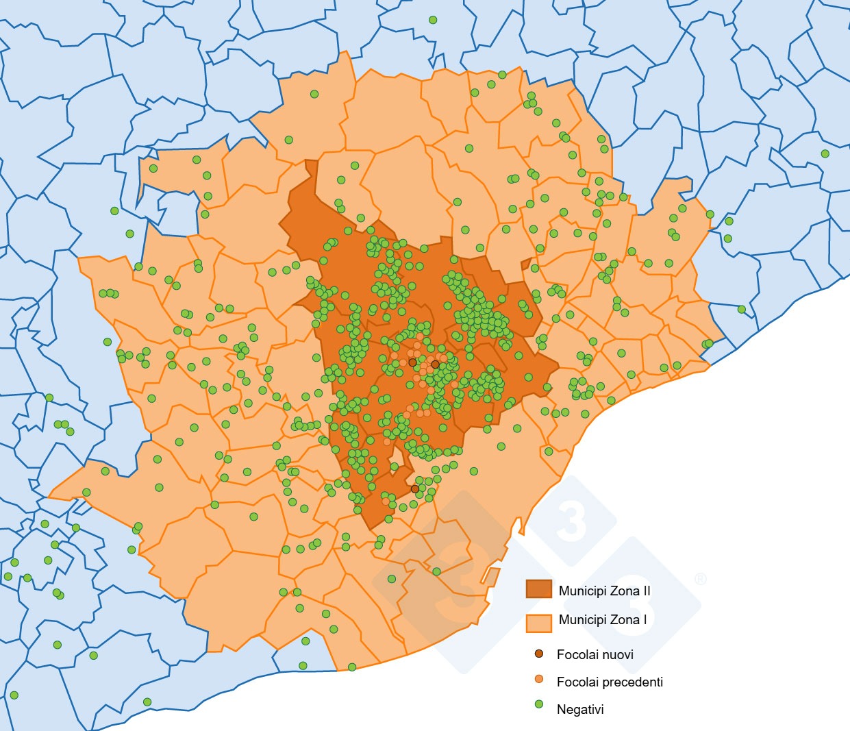 Localizzazione dei 37 focolai nei cinghiali e dei cinghiali catturati o trovati morti negativi rilevati nella zona soggetta a restrizioni II (Fonte: MAPA).