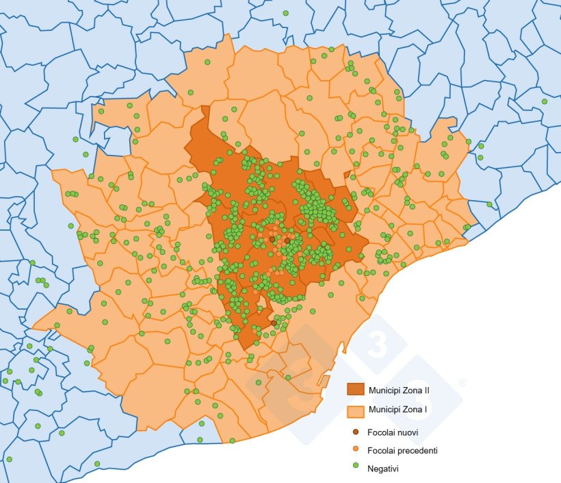 Localizzazione dei 37 focolai nei cinghiali e dei cinghiali catturati o trovati morti negativi rilevati nella zona soggetta a restrizioni II (Fonte: MAPA).
