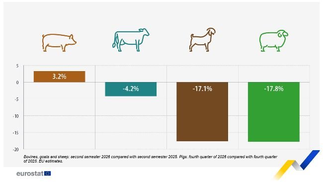 Variazione prevista della produzione animale nell'UE, periodi selezionati a partire dal 2026 rispetto al 2025 (%)