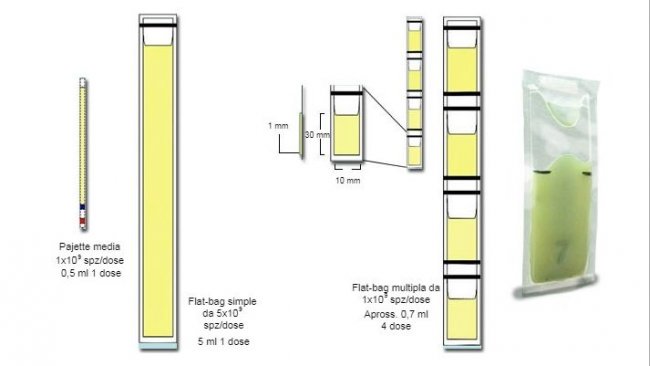 Rappresentazione schematica delle principali differenze tra le mini-paiette in plastica da 0,25 ml, con Flat-bags semplici (5 ml) e multiple (da 0,5-0,7 ml)