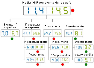 comparativa del año 2012 de los DNP por suceso de cerda.Media de base de datos (azul) vs media de la explotación  analizada (verde)