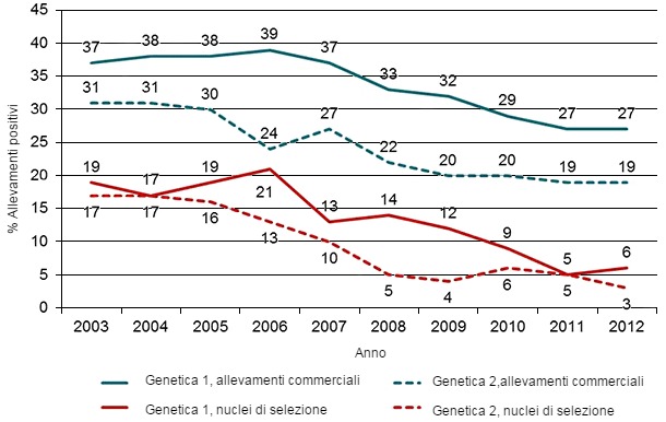 Evoluzione del numeri di allevamenti positivi al PRRSv in Danimarca, allevamenti commerciali e di selezione