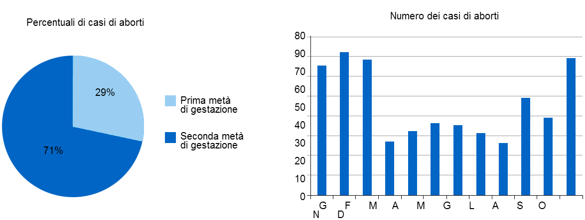 Il grafico circolare rappresenta la % degli aborti nella prima e seconda parte di gestazione, rispettivamente. Il grafico a barre rappresenta la stagionalit&agrave; degli aborti