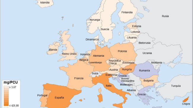 Figura 2. Vendite di antimicrobici in Europa nel 2013. Fonte: "Sales of veterinary antimicrobial agents in 26 EU/EEA countries in 2013. Fifth ESVAC report"