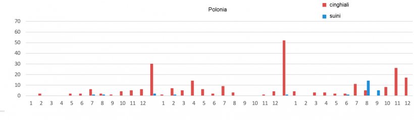 Evoluzione mensile dei focolai di PSA in Polonia.
