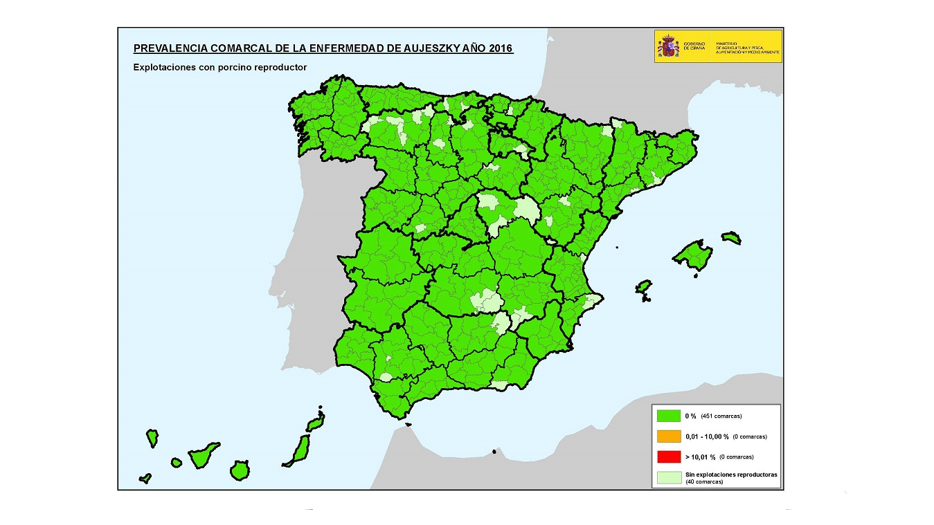 Prevalenza d\Aujeszky in Spagna nel 2016