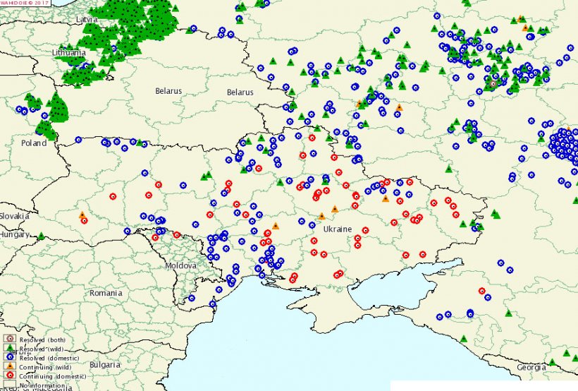 Zonas afectadas por la PPA desde 2014. Lviv es el &uacute;nico oblast sin focos de la enfermedad.

