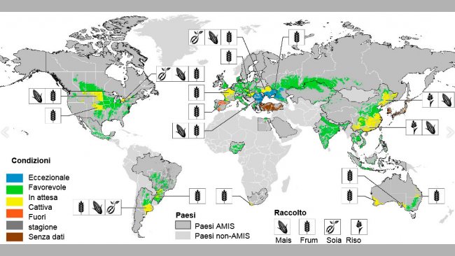 Immagine 1. Mappa delle condizioni delle coltivazioni nel mondo. Aggiornato a luglio 2017. Fonte GEOGLAM.
