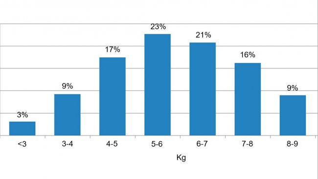 Figura 2. Distribuzione degli animali in base al peso all'ingresso dello svezzamento. La differenza tra il 5% dei suini con meno peso e il 5% con più peso è di 6 kg.