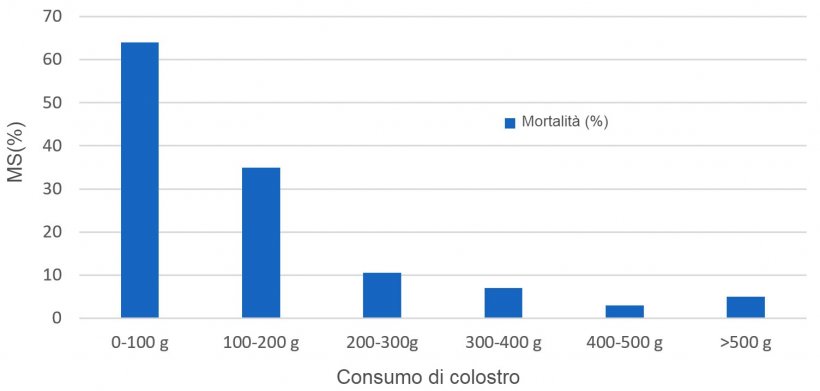 Figura 1.Correlazione tra consumo di colostro e mortalit&agrave; sottoscrofa(MS)
