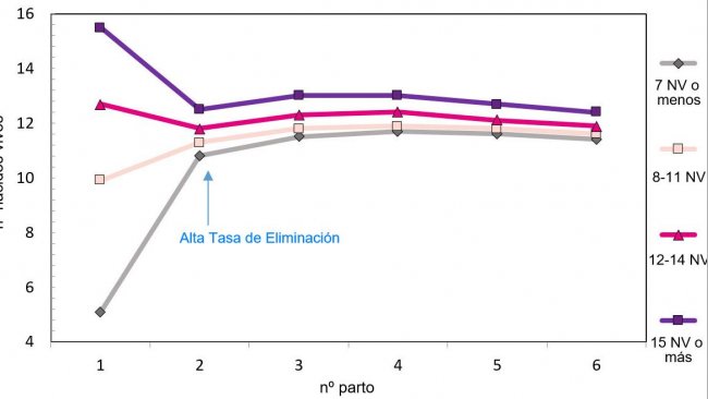 Grafico 1. Produzione lungo la vita della scrofa in funzione dei suinetti nati