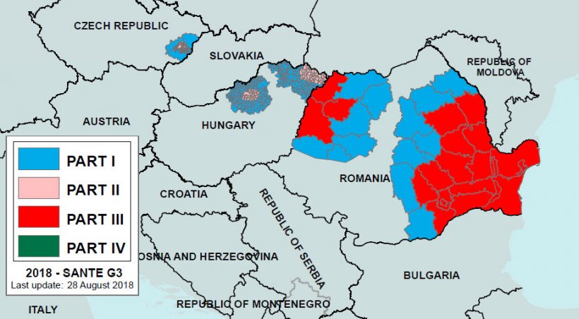 Immagine&nbsp;2. Regionalizzazione della PSA in Romania e nei paesi confinanti al&nbsp;28&nbsp;agosto&nbsp;2018.&nbsp;Parte I: zona ad alto rischio, per&ograve; non vi sono stati focolai. Parte III: zona con focolai dichiarati. Fonte: Commissione&nbsp;Europea.
