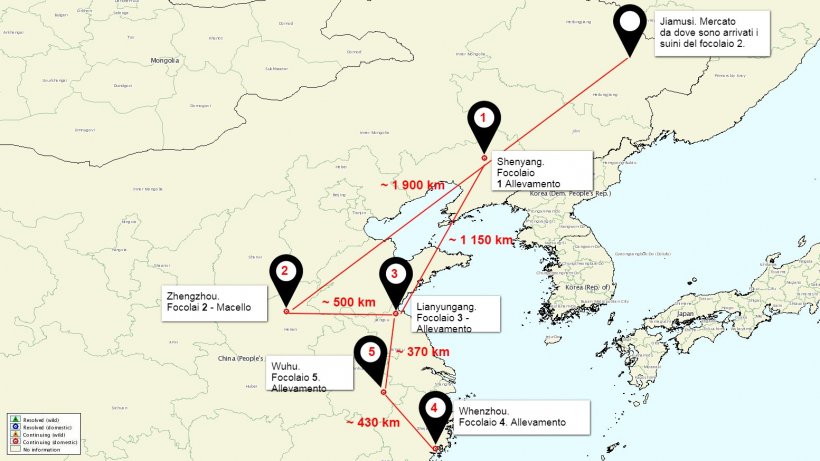 Mappa della situazione dei focolai di PSA in Cina
