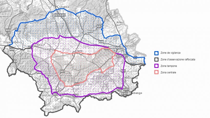 Zone che comportano varie misure temporanee per combattere la peste suina africana nei cinghiali nella zona infetta nella regione vallona
