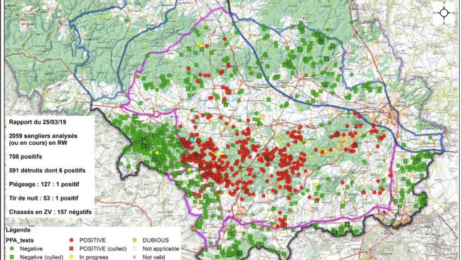 Mappa del limite delle zone e localizzazione dei cinghiali infetti fino al 25 marzo 2019.