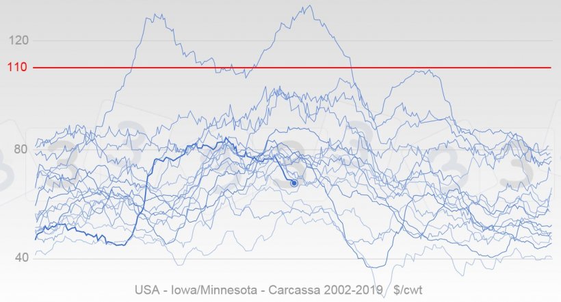 Grafico 4. Evoluzione annuale dei prezzi USA dal 2002 in colore blu, la linea grossa rappresenta le quotazioni del 2019&nbsp;. In rosso si mostra la mediana del prezzo massimo per il&nbsp;2019 secondo le opinioni degli utenti 333.
