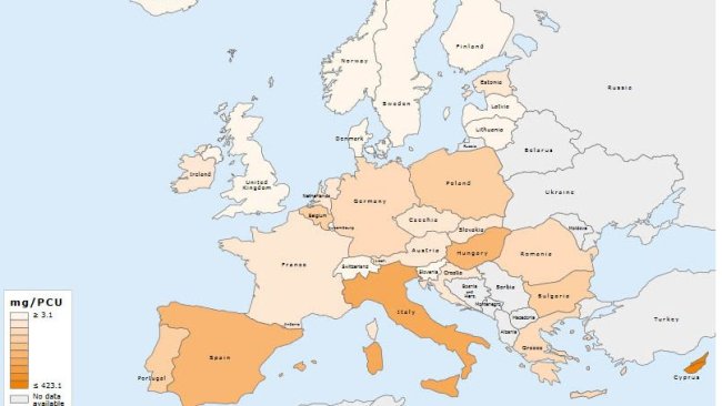 Distribuzione spaziale delle vendite globali di tutti gli antimicrobici per animali da produzione alimentare, in mg / PCU, per 31 paesi nel 2017.