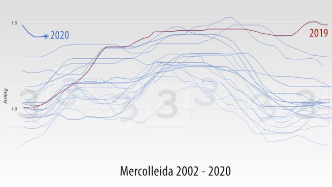 Evolución del precio del cerdo en Mercolleida (España) entre 2002 y 2020. Años solapados.