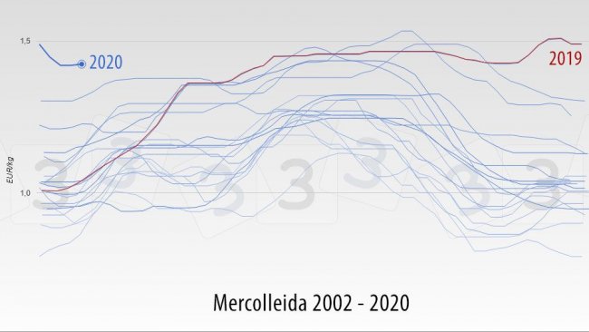 Evoluci&oacute;n del precio del cerdo en Mercolleida (Espa&ntilde;a) entre 2002 y 2020. A&ntilde;os solapados.
